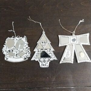 Vintage -Holiday Mirror Ornament Set - Silver Decorative Tree, Bow & Basket